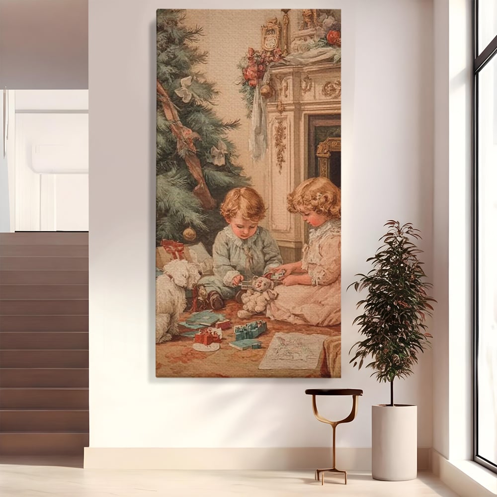 Tablou canvas cu ilustratie vintage cu copii langa bradul de craciun, fara rama, pe sasiu de lemn